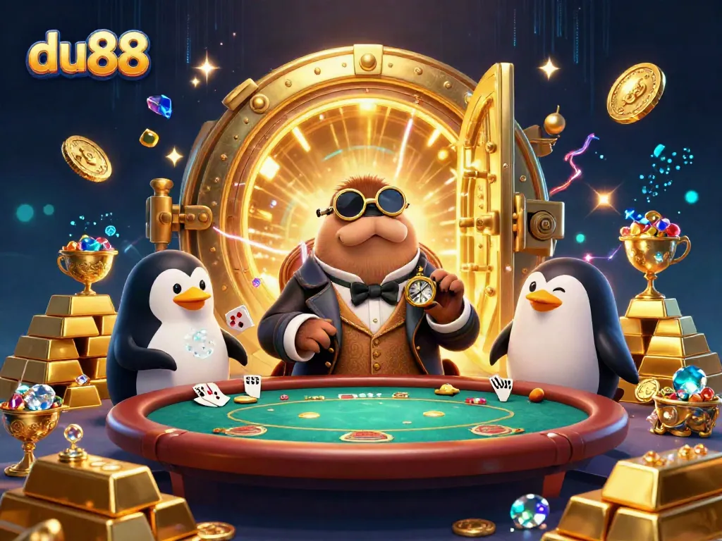 Join the joker walrus and dealer penguin at du88's underwater poker table, surrounded by golden treasures.