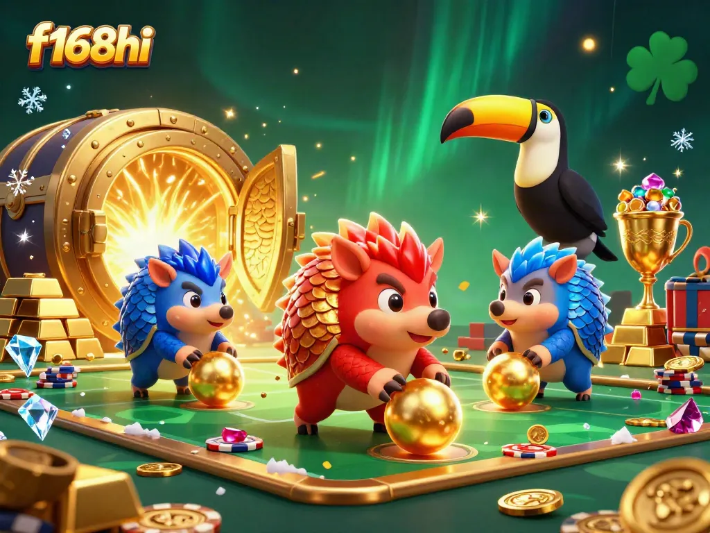 Experience thrilling wins with f168hi as cartoon pangolins compete in a vibrant casino scene.