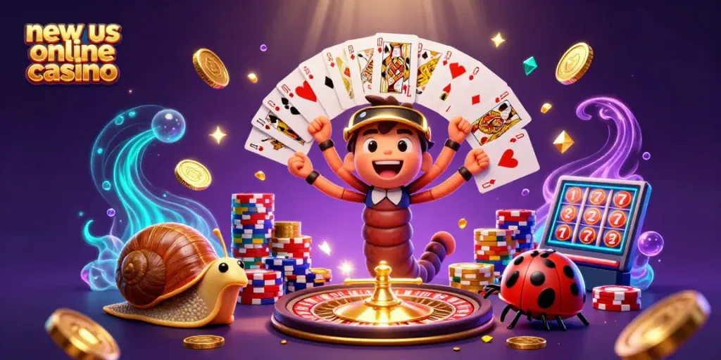 Experience the excitement of the new us online casino with vibrant characters, games, and sparkling elements.