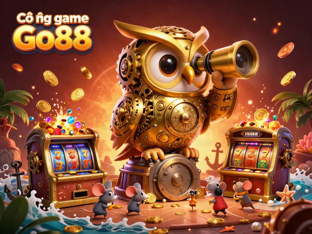 Engage in thrilling action at Cổng game Go88 with vibrant treasures, gold coins, and animated characters in a lively casino scene.
