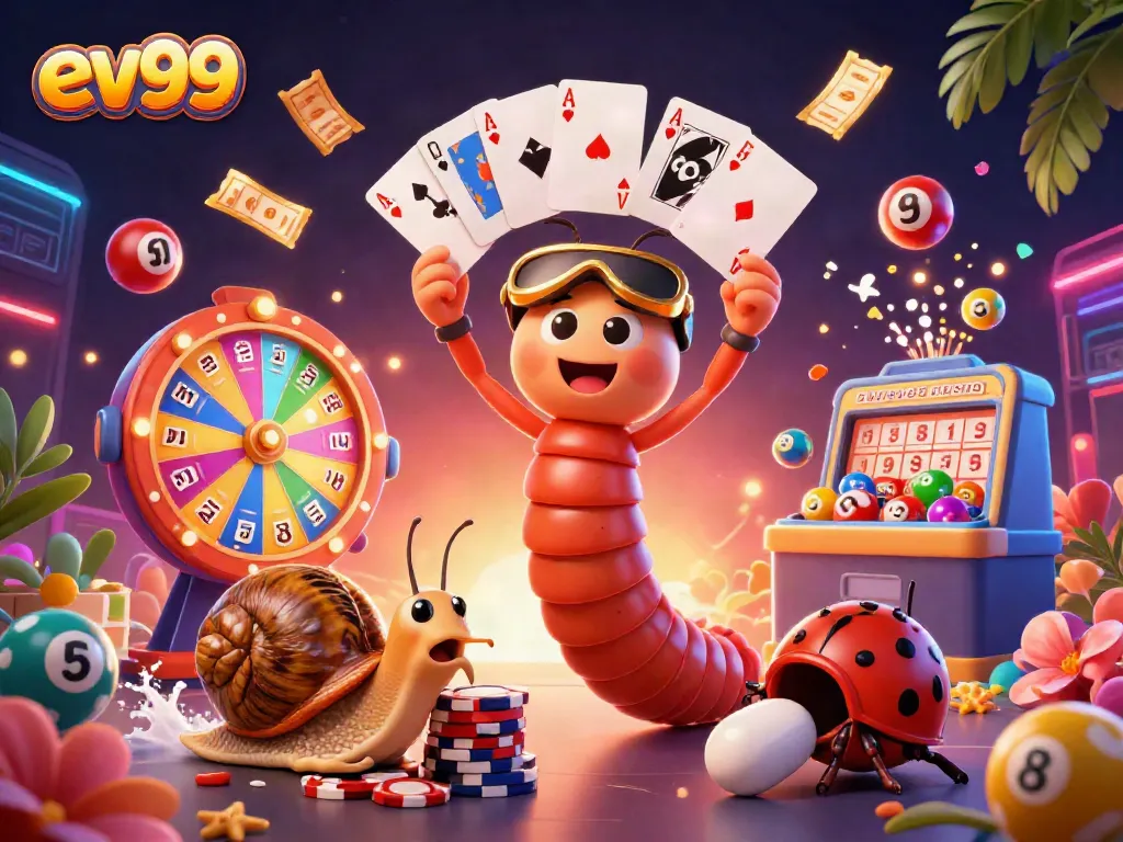 Join the excitement of ev99 as colorful casino elements energize the scene with gaming characters.