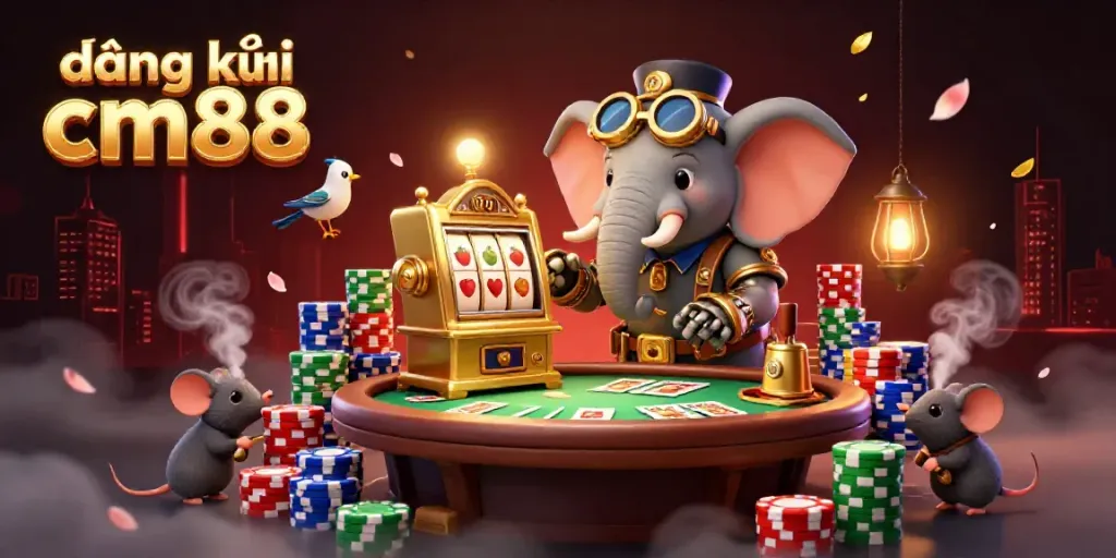 Engage with the dynamic excitement of đăng ký cm88 at a steampunk casino scene showcasing rich gaming elements.