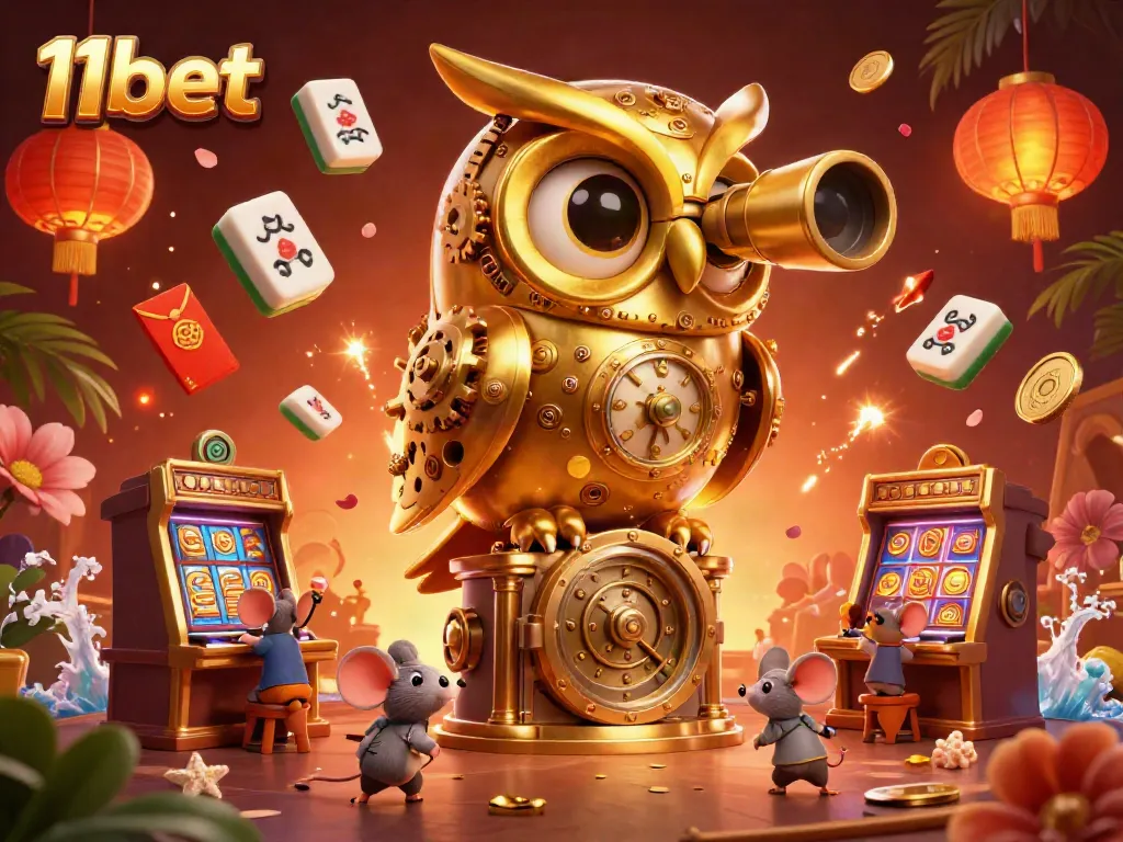 Experience thrilling wins at 11bet with vibrant 3D illustrations featuring a golden owl and lively casino scene.