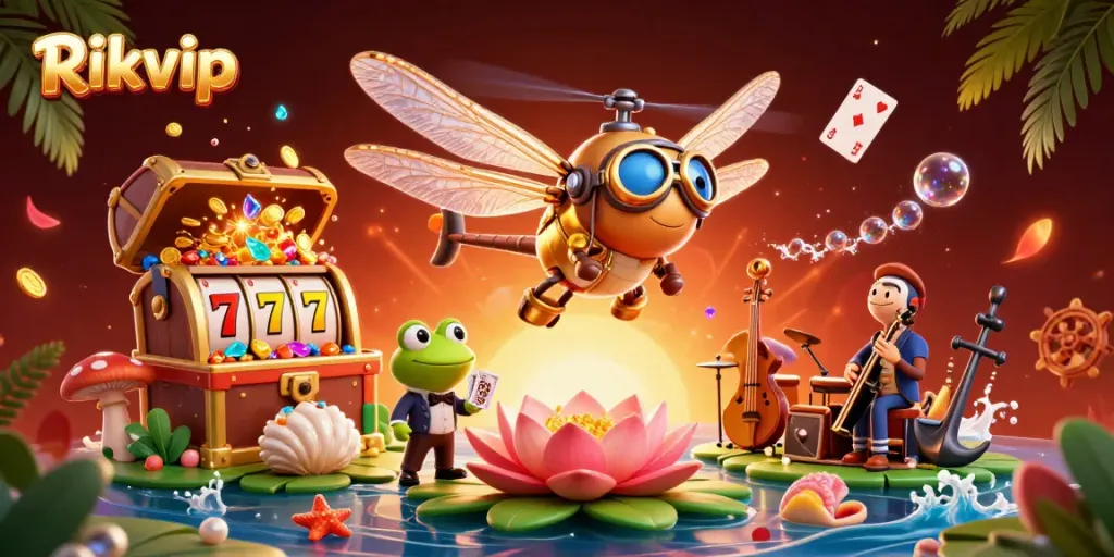 Experience the vibrant Rikvip gaming scene with a jazzy twist featuring a dragonfly pilot and a frog croupier.