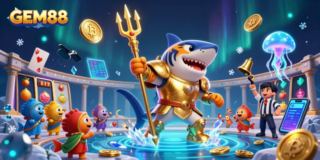 Engage in thrilling gaming at GEM88 with vibrant underwater casino scenes featuring slot reels and 3D coins.
