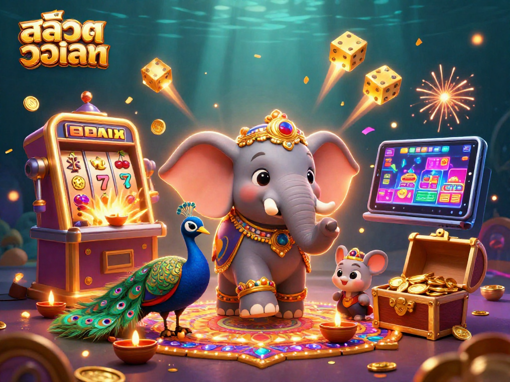 Experience thrilling สล็อตวอเลท action in this vibrant 3D casino scene with festive decorations and jackpot excitement.