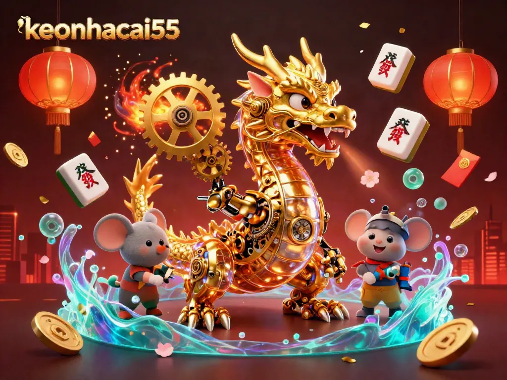 Experience thrilling gameplay with keonhacai55's vibrant illustration, featuring a golden dragon and festive elements.