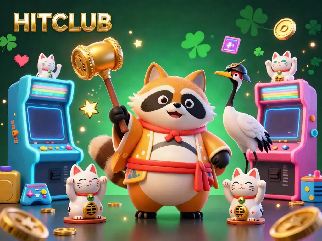 Experience the vibrant HITCLUB casino scene with cartoon characters celebrating luck and gaming.