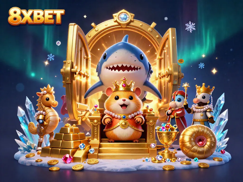 Experience thrilling adventures with 8XBET, featuring a golden hamster king and treasure in a colorful, vibrant casino world.