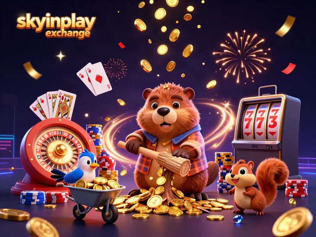 Experience excitement with the skyinplay exchange as whimsical characters celebrate with golden coins raining down.