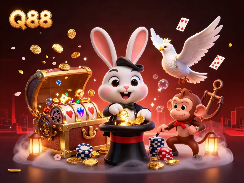 Experience thrilling gaming vibes at Q88 with a magical scene of characters and casino elements.