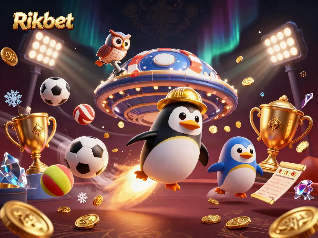 Rikbet showcases exciting casino adventures with a rocket penguin and sports elements in vibrant action.