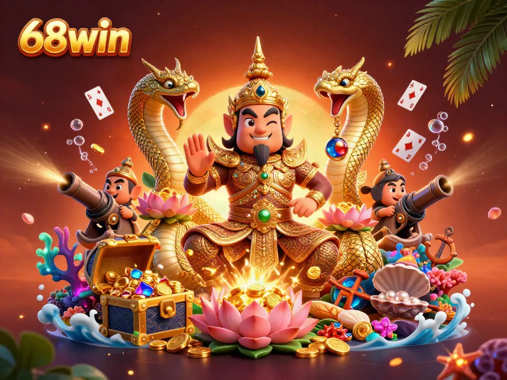 Experience vibrant gaming excitement at 68win with 3D characters and treasures in a bustling casino scene.