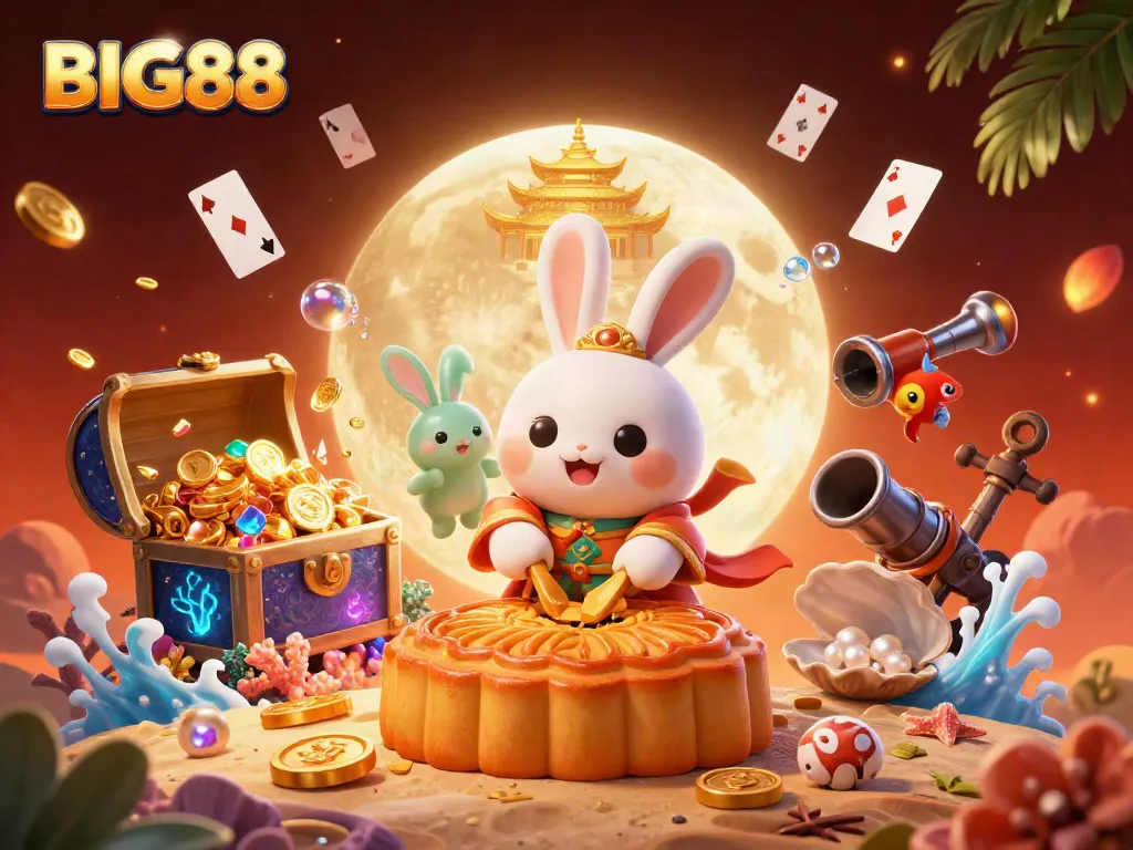 Experience Big88 with a vibrant 3D scene featuring moon rabbits amidst gold coins and casino elements.