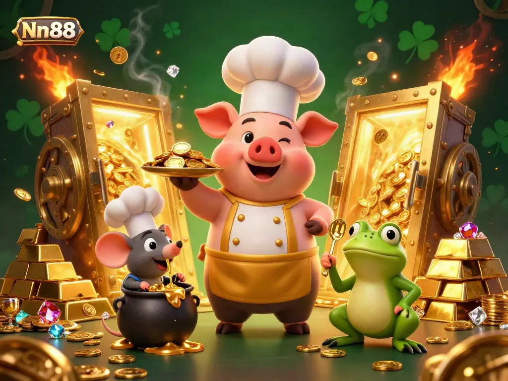 Nn88 offers a lively scene with a chef pig, melting gold, and treasure as part of an exciting casino gaming atmosphere.