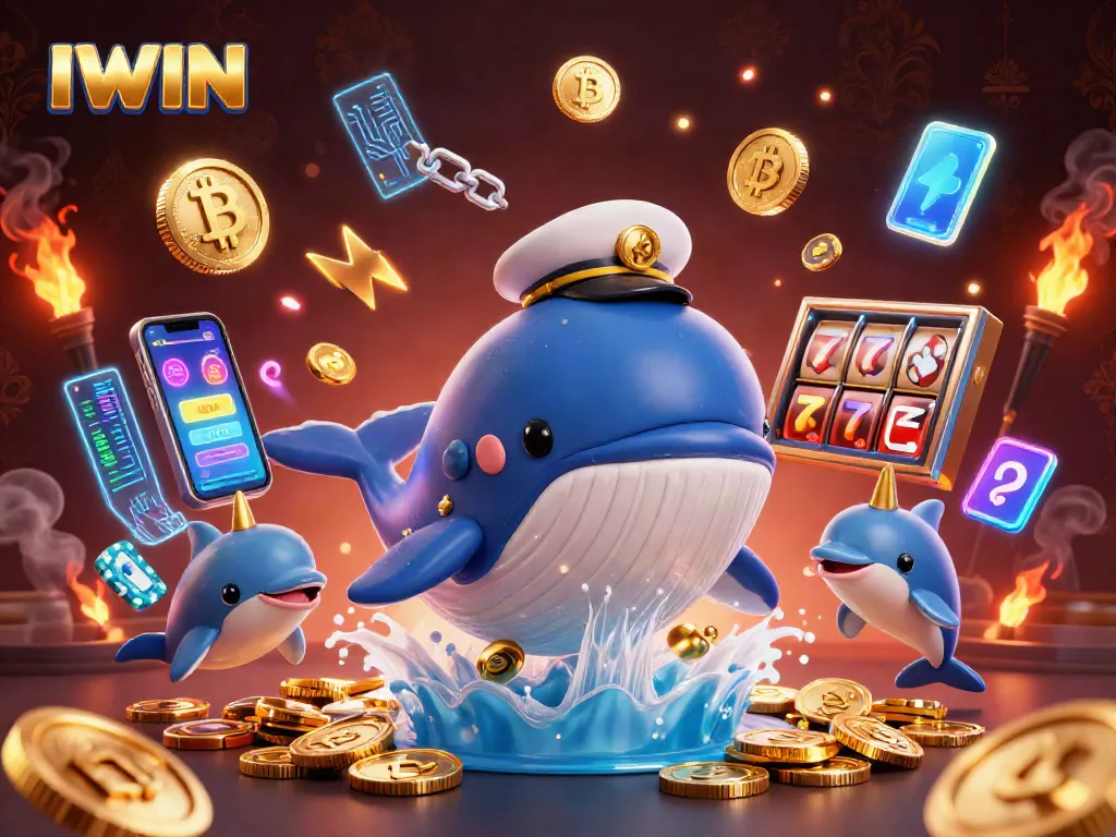 IWIN features an exciting scene with a whimsical whale captain and playing dolphins amidst gold coins in a vibrant casino setting.