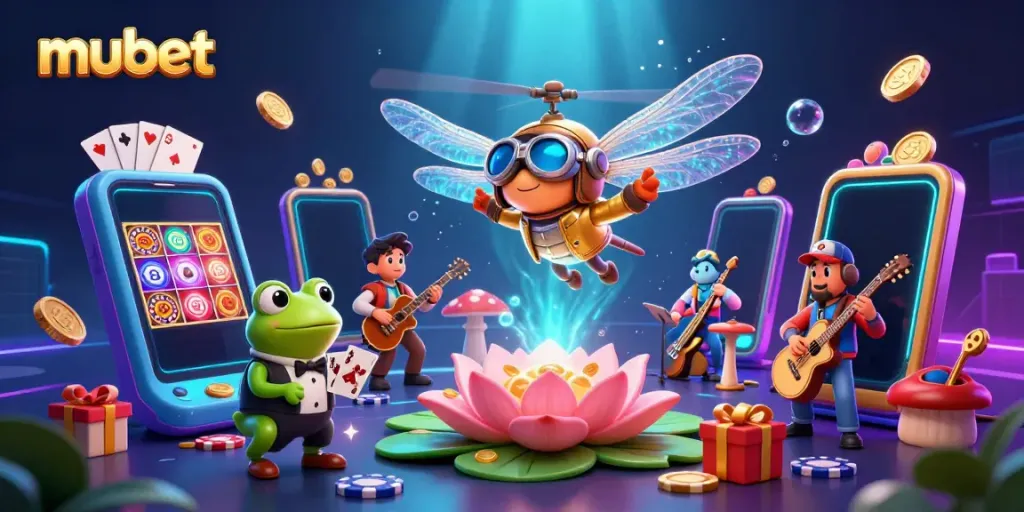 Engage in vibrant mubet gaming with a dragonfly pilot, frog croupier, and whimsical music elements.