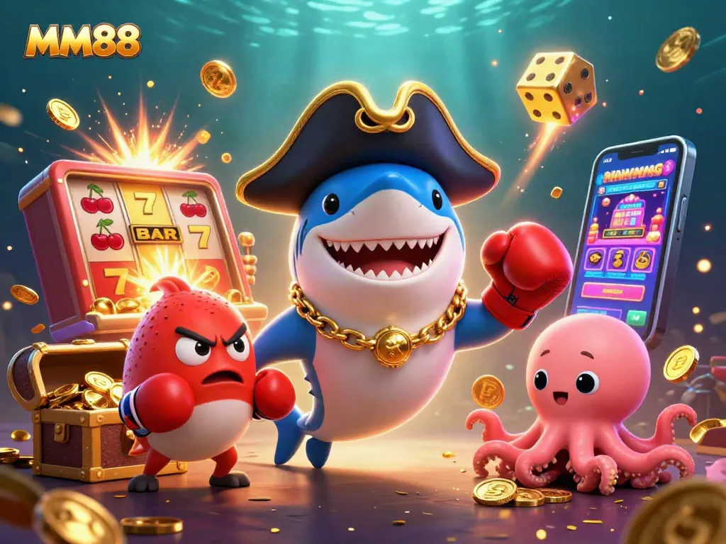 Join the excitement at MM88 with our 3D casino scene featuring colorful characters and a jackpot slot machine!