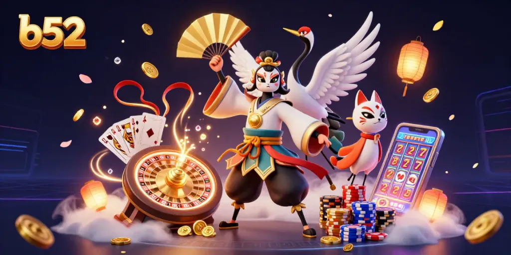 Experience thrilling b52 gaming excitement with a kabuki warrior, kitsune mask, and dazzling casino elements.
