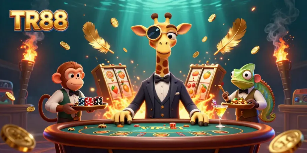 Experience TR88 excitement with a high-roller giraffe at a vibrant casino scene