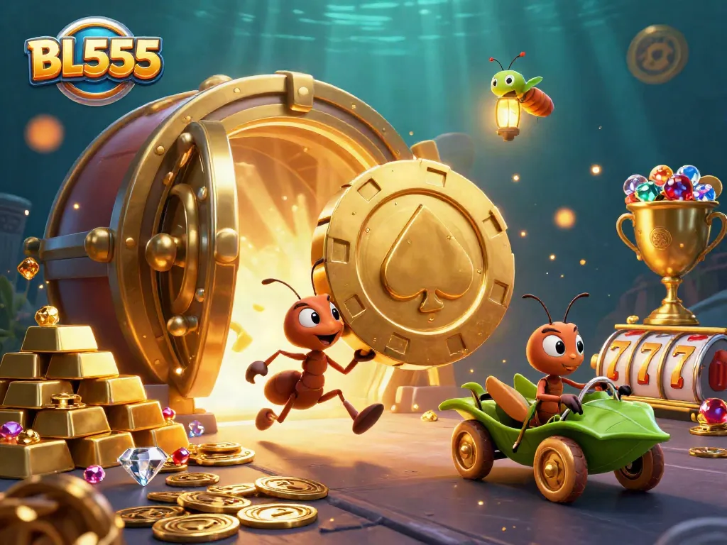 Win big at BL555 with a thrilling heist scene featuring ants transporting a giant poker chip.