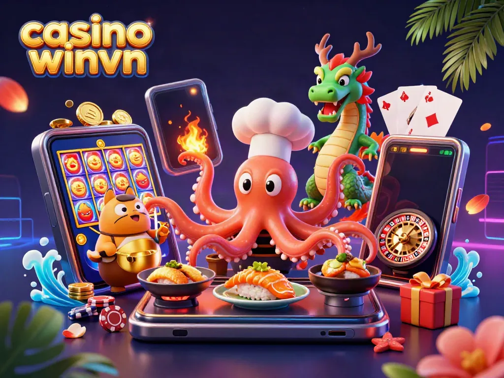 Experience dynamic gameplay at casino winvn with an octopus chef, dragon, and tanuki amidst engaging game elements.