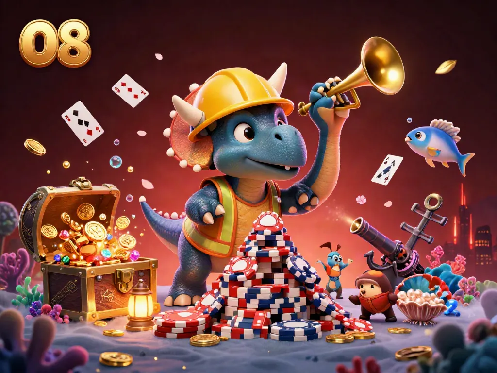 O8's thrilling 3D casino scene with cartoon characters celebrating and vibrant gambling elements.