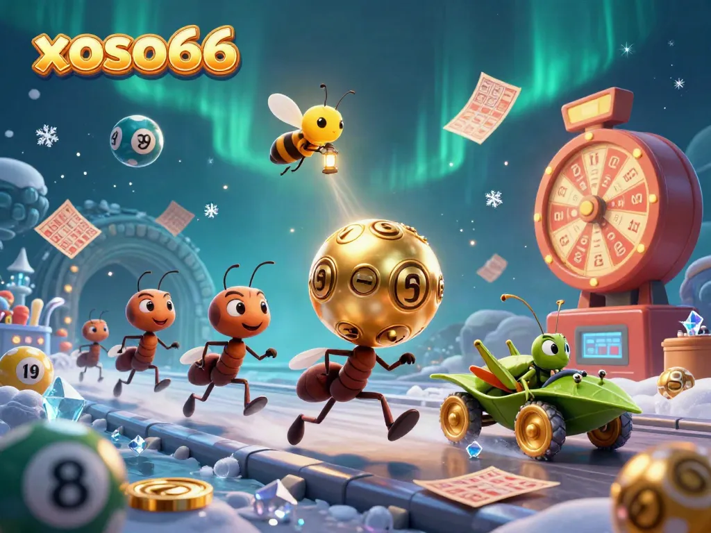 Engaging lottery-themed illustration featuring xoso66 with ants carrying a giant lottery ball, colorful elements, and vibrant 3D graphics.