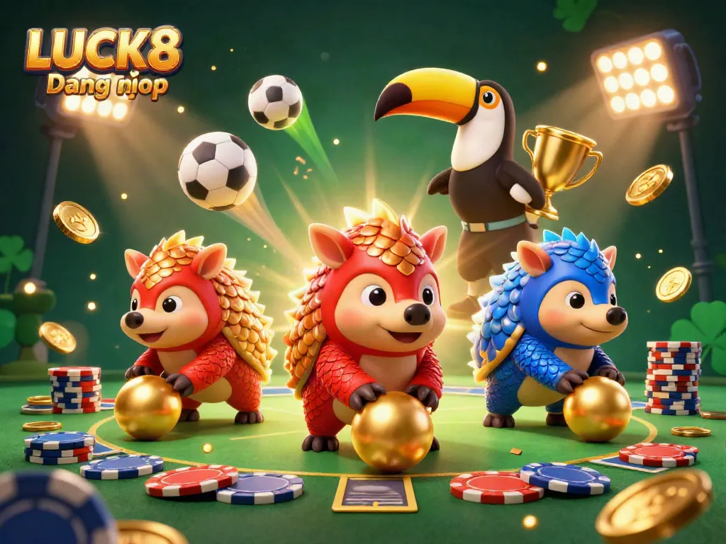 Engaging illustration of LUCK8 Đăng nhập featuring animated pangolins in a vibrant casino setting.
