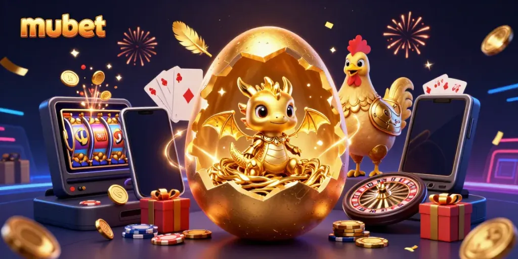 Engage in thrilling gaming action at mubet with a golden dragon guarding poker chips in a vibrant casino scene.