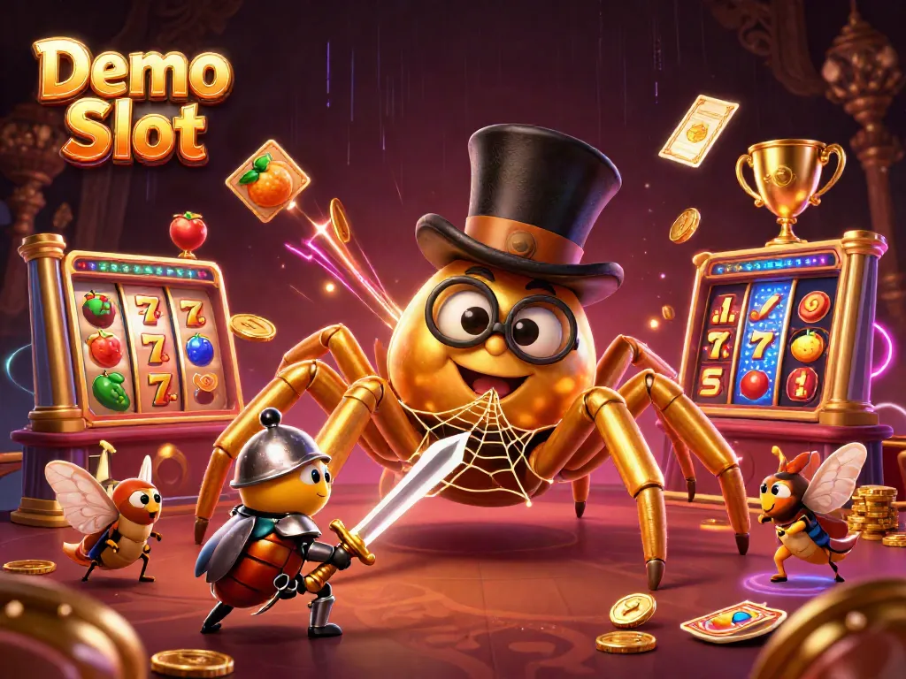 Try your luck with Demo Slot, featuring a lively golden tarantula and beetle knight in a vibrant casino scene.