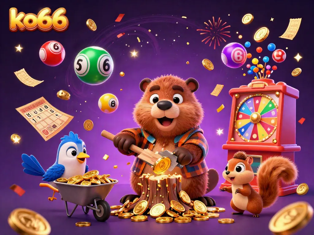 Engage with the thrilling world of ko66, where a beaver chops a tree raining gold coins in a vibrant casino setting.