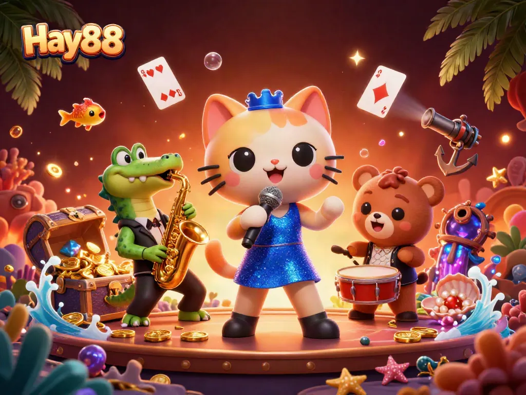 Engage with Hay88's thrilling casino scene featuring jazz-singing animals amidst golden treasures and vibrant cards.