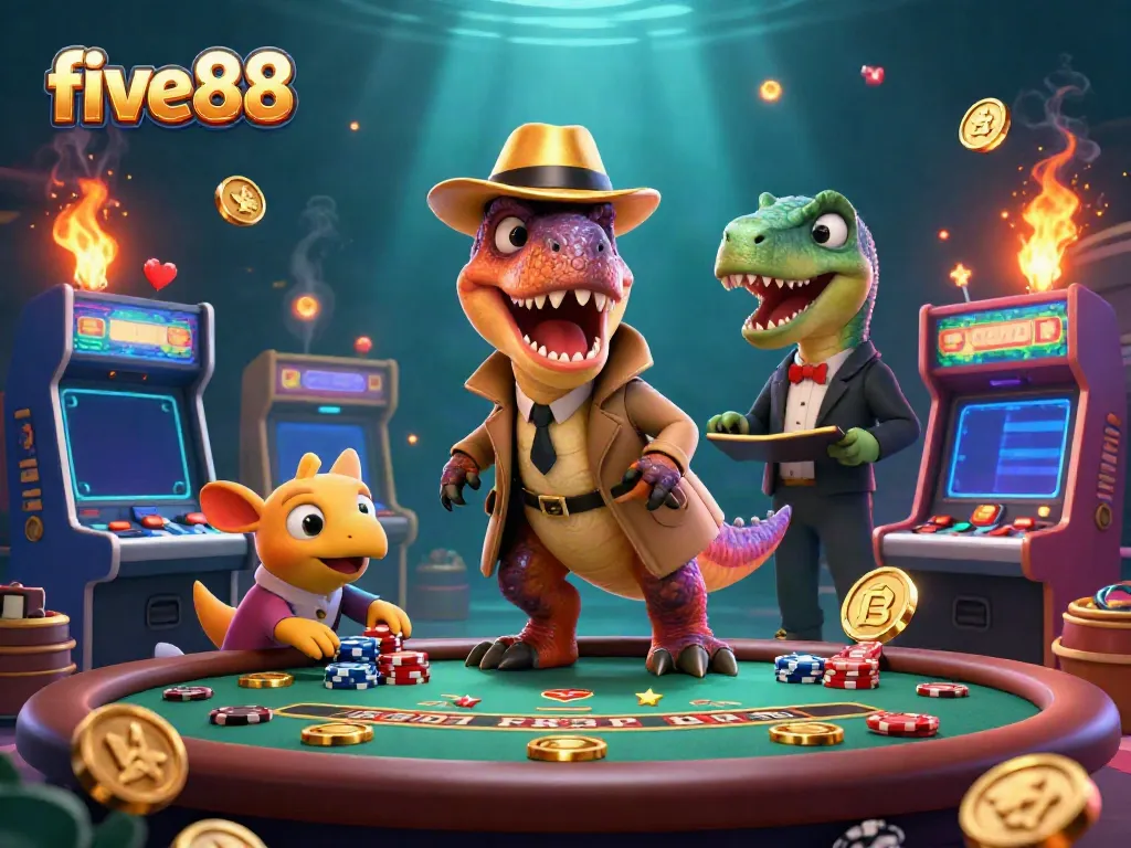 Experience the excitement of five88 with a dinosaur card counter and vibrant casino elements.