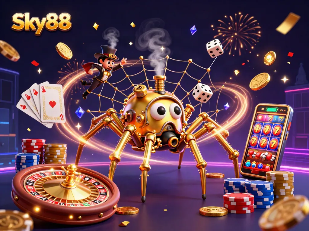 Engaging Sky88 illustration showcasing a golden spider web of casino thrills and lucky elements.
