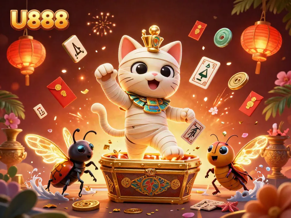 Experience the excitement of U888 with a vibrant casino scene featuring a mummy cat and golden scarab in action.