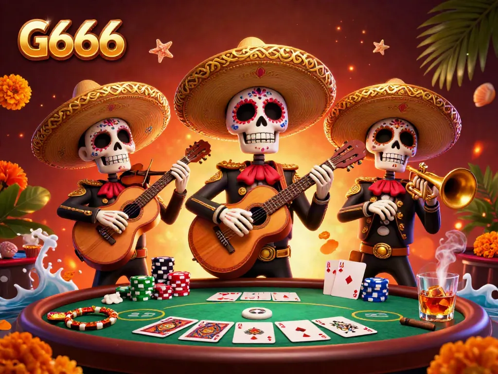 Experience G666 with a vibrant casino-themed scene featuring lively skeleton musicians and colorful poker elements.