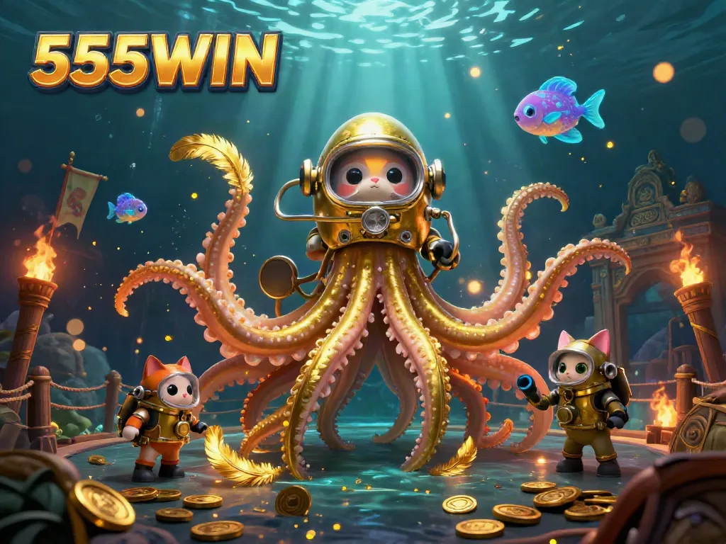 Experience the thrill of 555WIN with a kraken, diving cat, and bioluminescent fish in this dynamic casino scene.