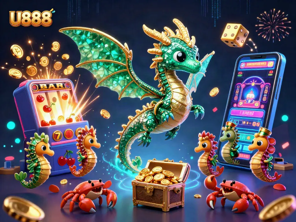 Experience the excitement of U888's online casino scene with vibrant characters and games.