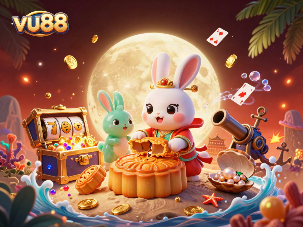 Join the moon rabbit on a lunar casino adventure featuring premium 'vu88' gaming elements.