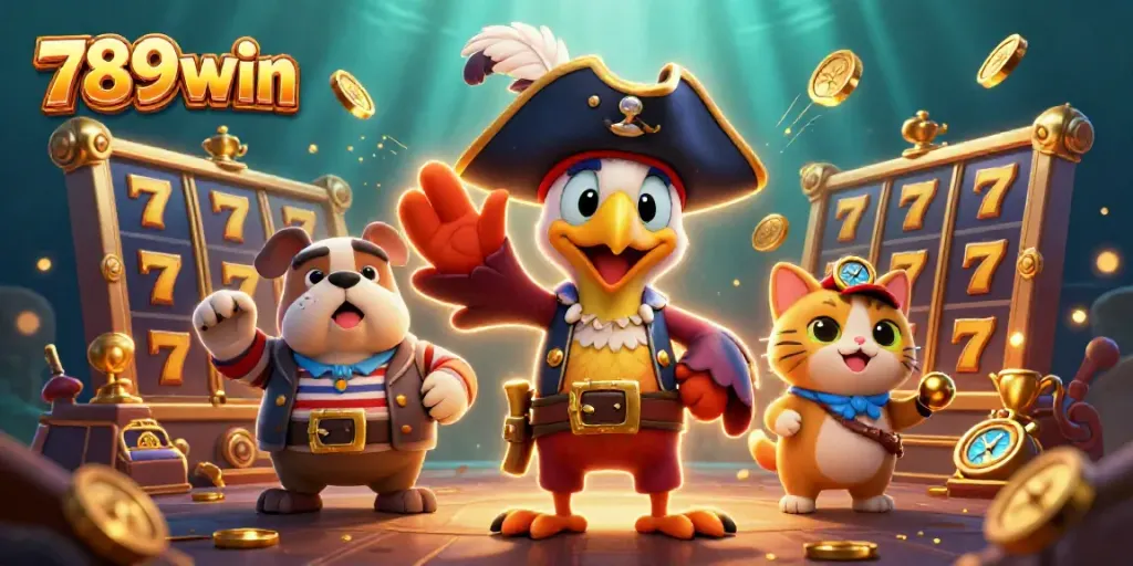 Witness 789win's pirate-themed jackpot celebration with characters surrounded by casino slots and treasures.