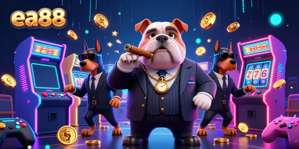 Engage in thrilling action with ea88 as a cartoon mafia bulldog and Doberman bodyguards in a vibrant casino scene.