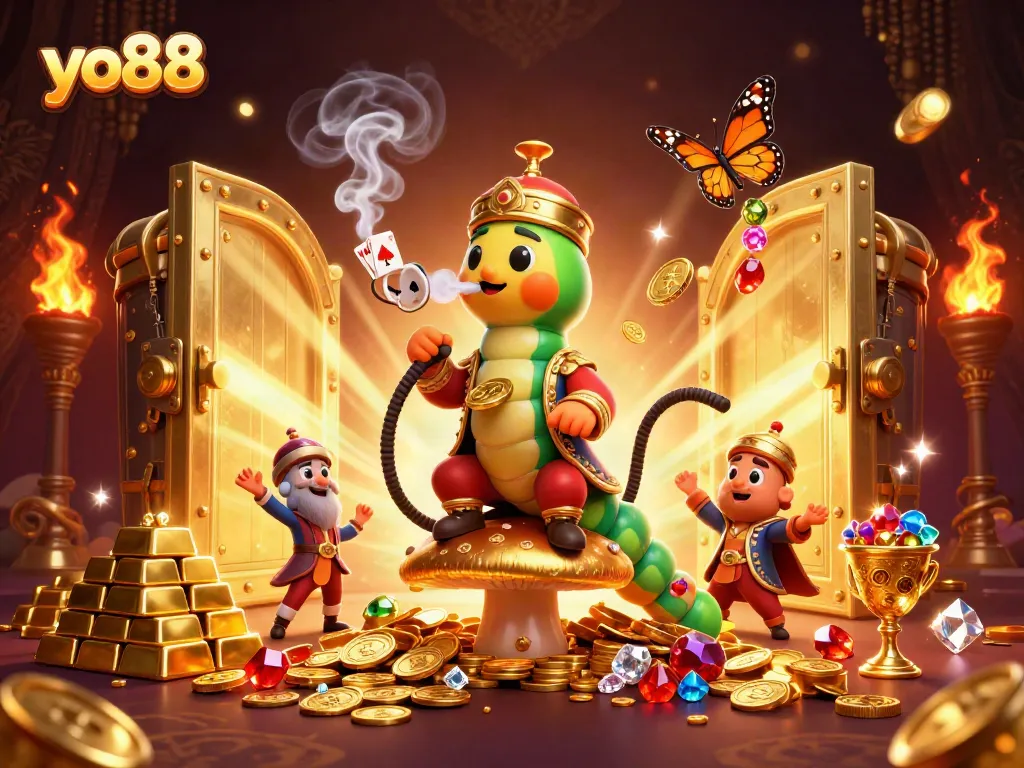 Play exciting games at yo88 with vibrant visuals, showcasing a whimsical caterpillar and treasures.