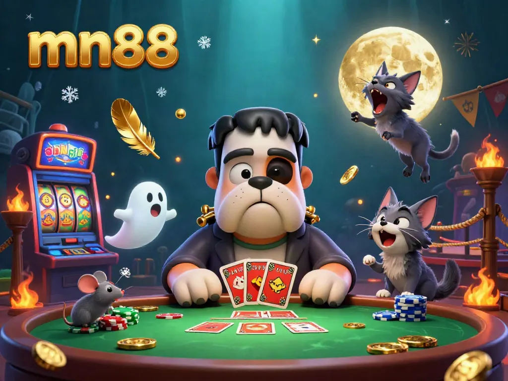 Experience exciting gameplay at mn88 with a 3D cartoon Frankenstein bulldog monster dealing cards at a spooky casino table.