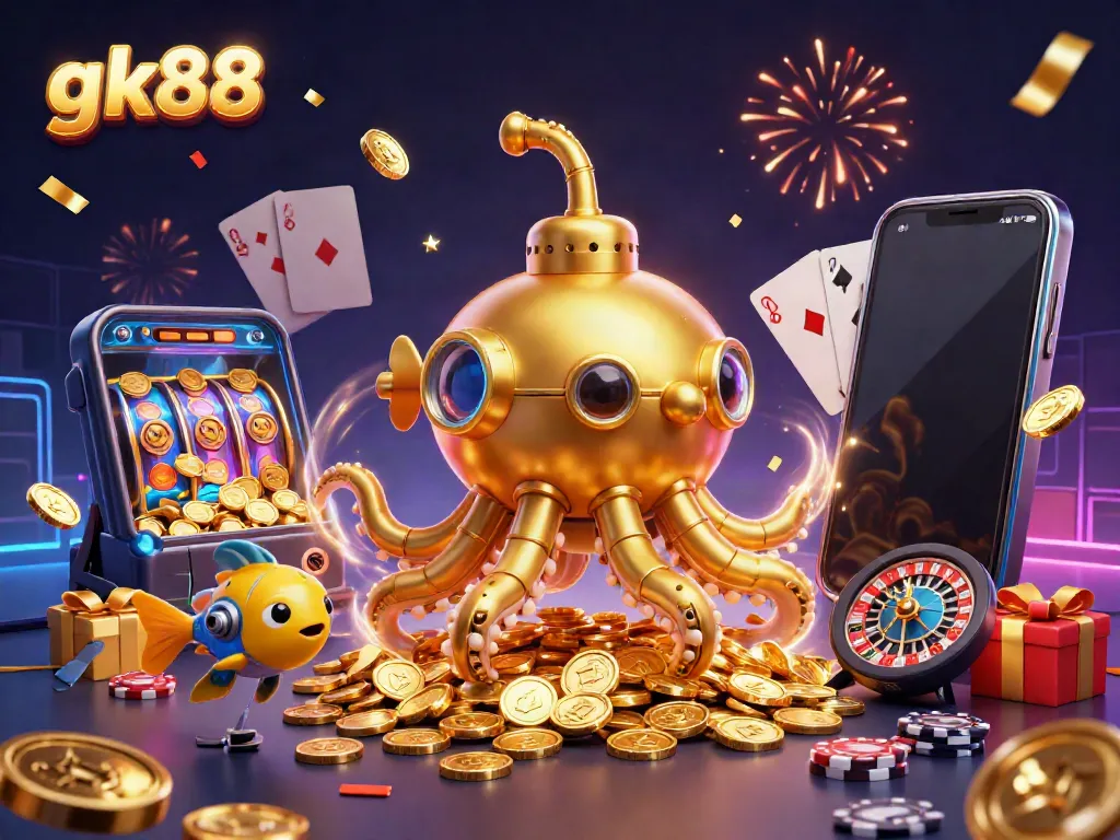 Play exciting slot games and win big with gk88 as the golden kraken submarine emerges in a vibrant casino scene.