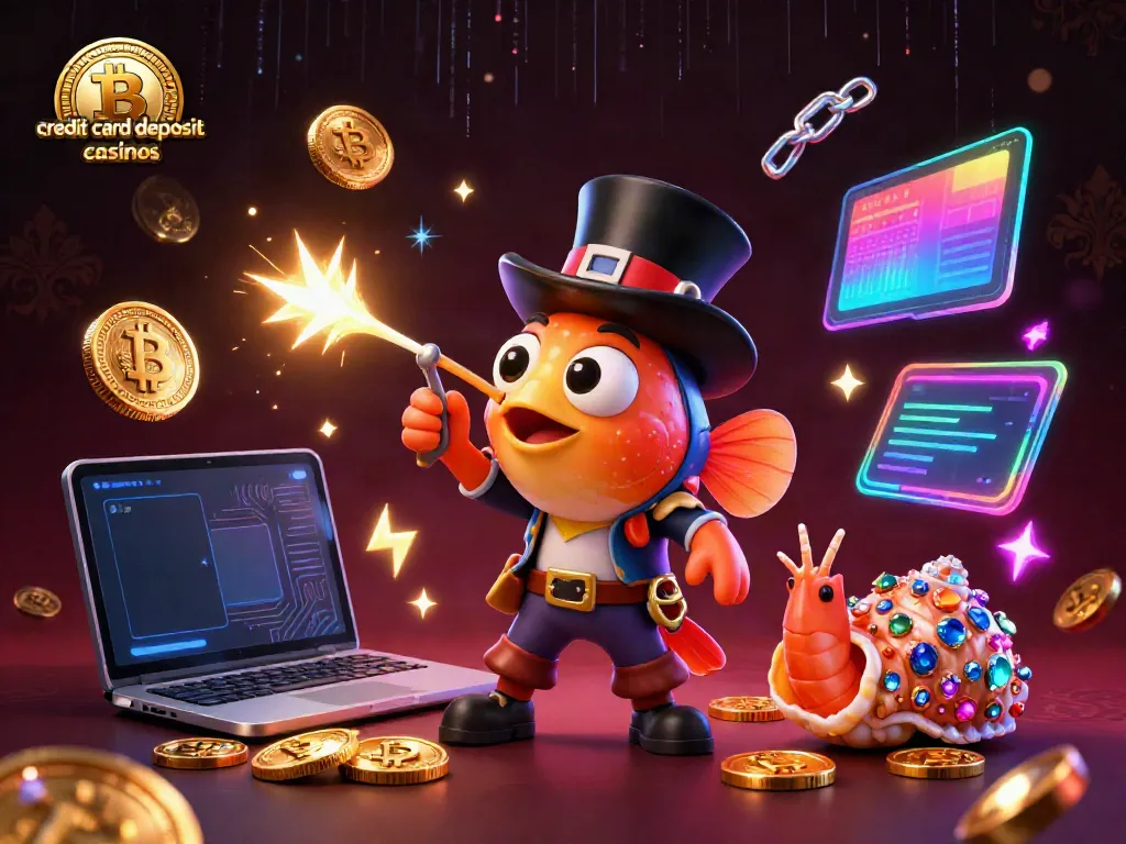 Engaging scene of credit card deposit casinos with an anglerfish and friends attracting coins.