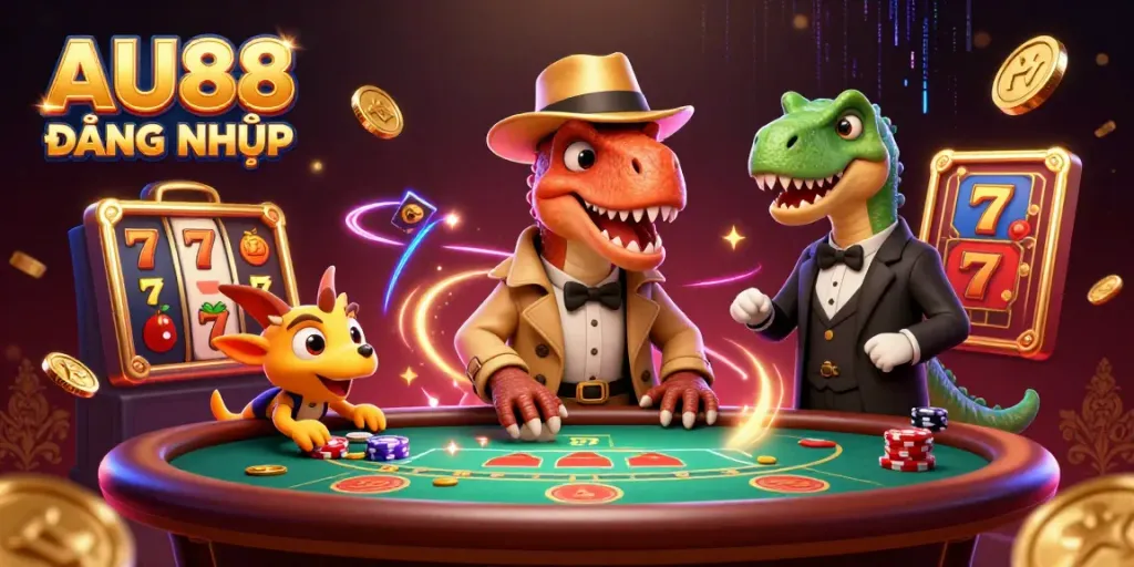 Engaging illustration of AU88 ĐĂNG NHẬP showcasing a velociraptor card counter at a blackjack table with a stegosaurus pit boss and compy pickpocket.
