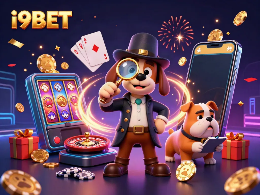 Experience gaming excitement with i9BET in a vibrant 3D scene featuring detective characters and casino elements.