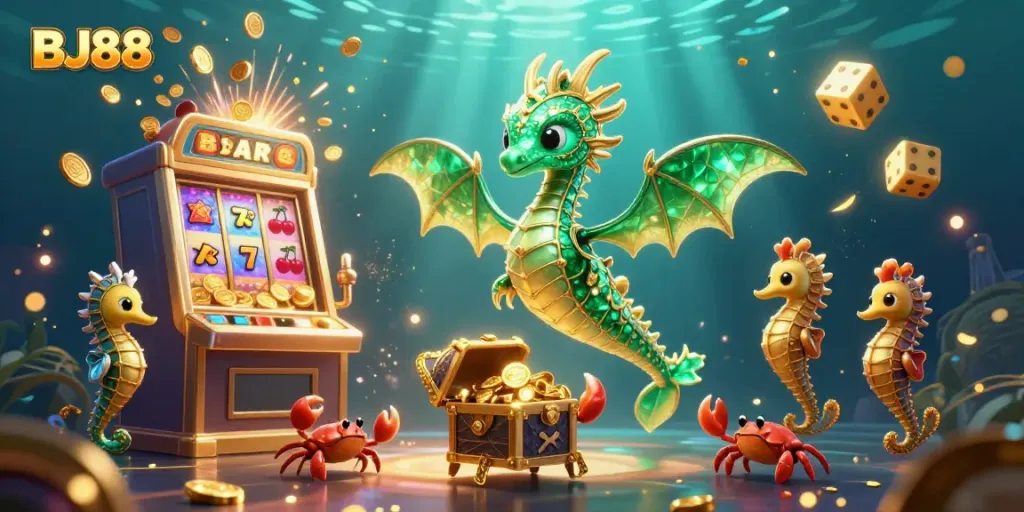 Experience the thrill of BJ88 with vibrant casino elements and 3D dragon characters.