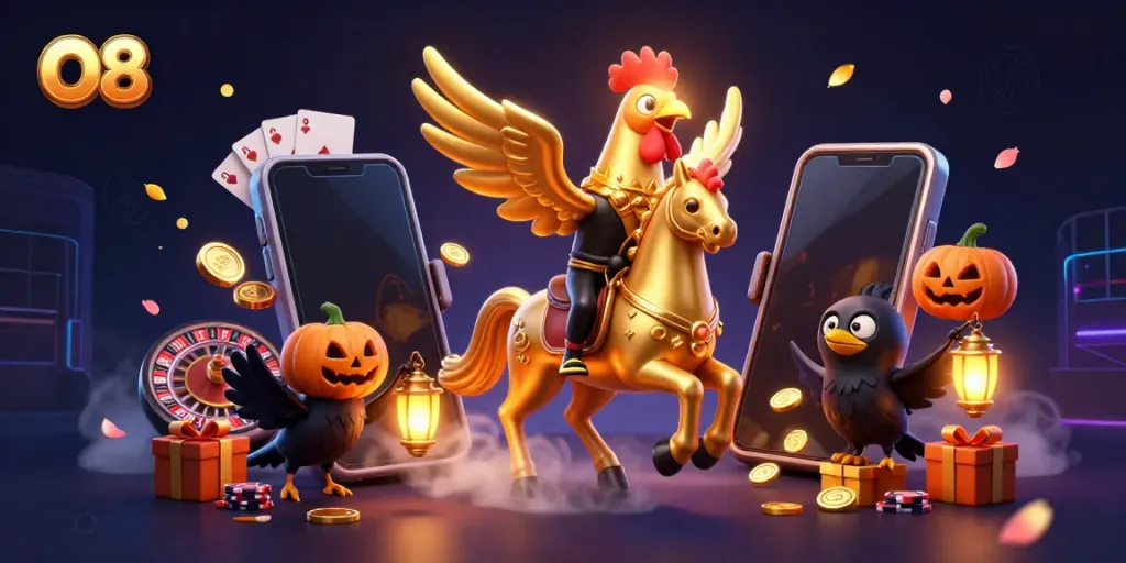 O8 attracts players in a vivid casino scene with its unique golden rooster character and dynamic slot game elements.
